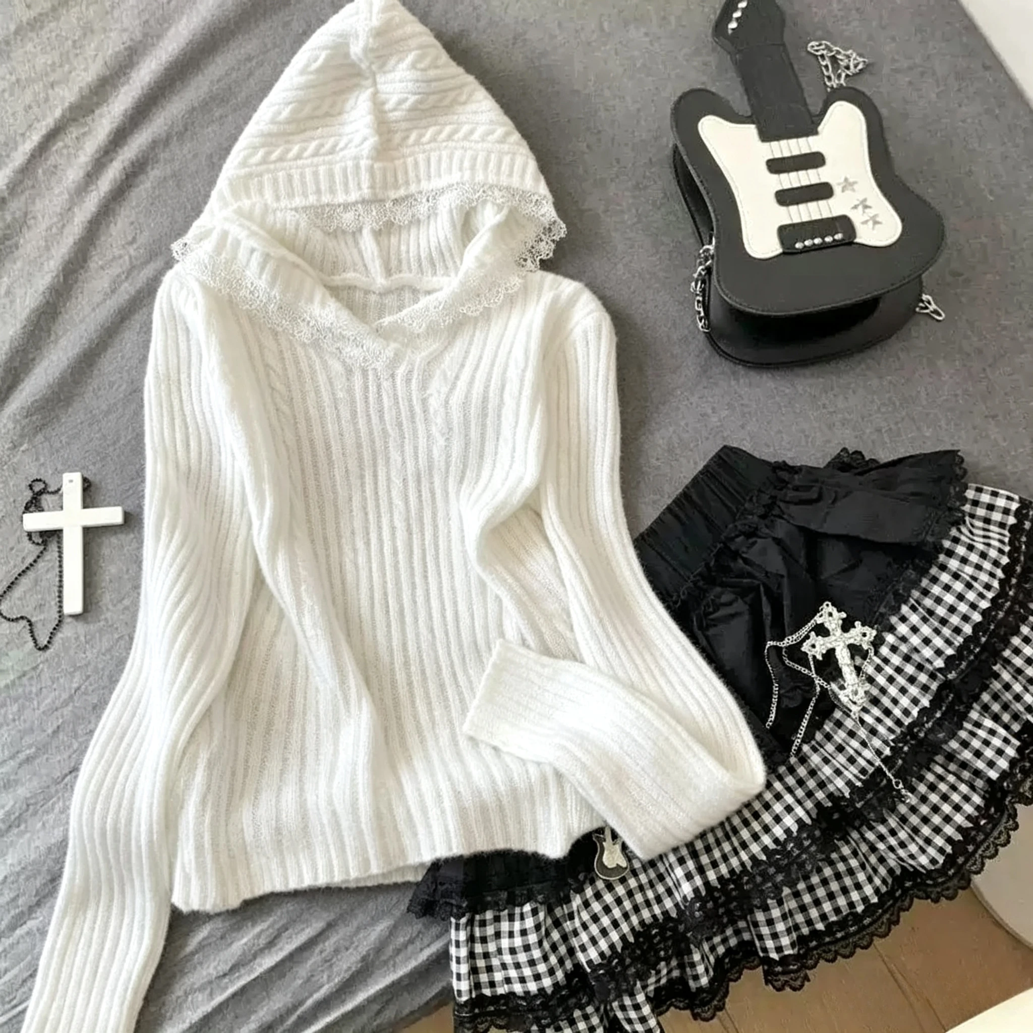 Y2K Knitted Sweater for Women Sweet Elegant Harajuku Subculture Long Sleeve Hooded Pullover Loose Street Outfit