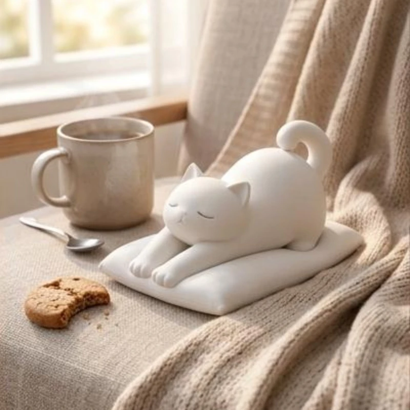 Miniature Figurine Statue Stretching Mascot Silhouette Curled Up Tail Detail Miniature Cushion Base Crisp White Finish for Desk