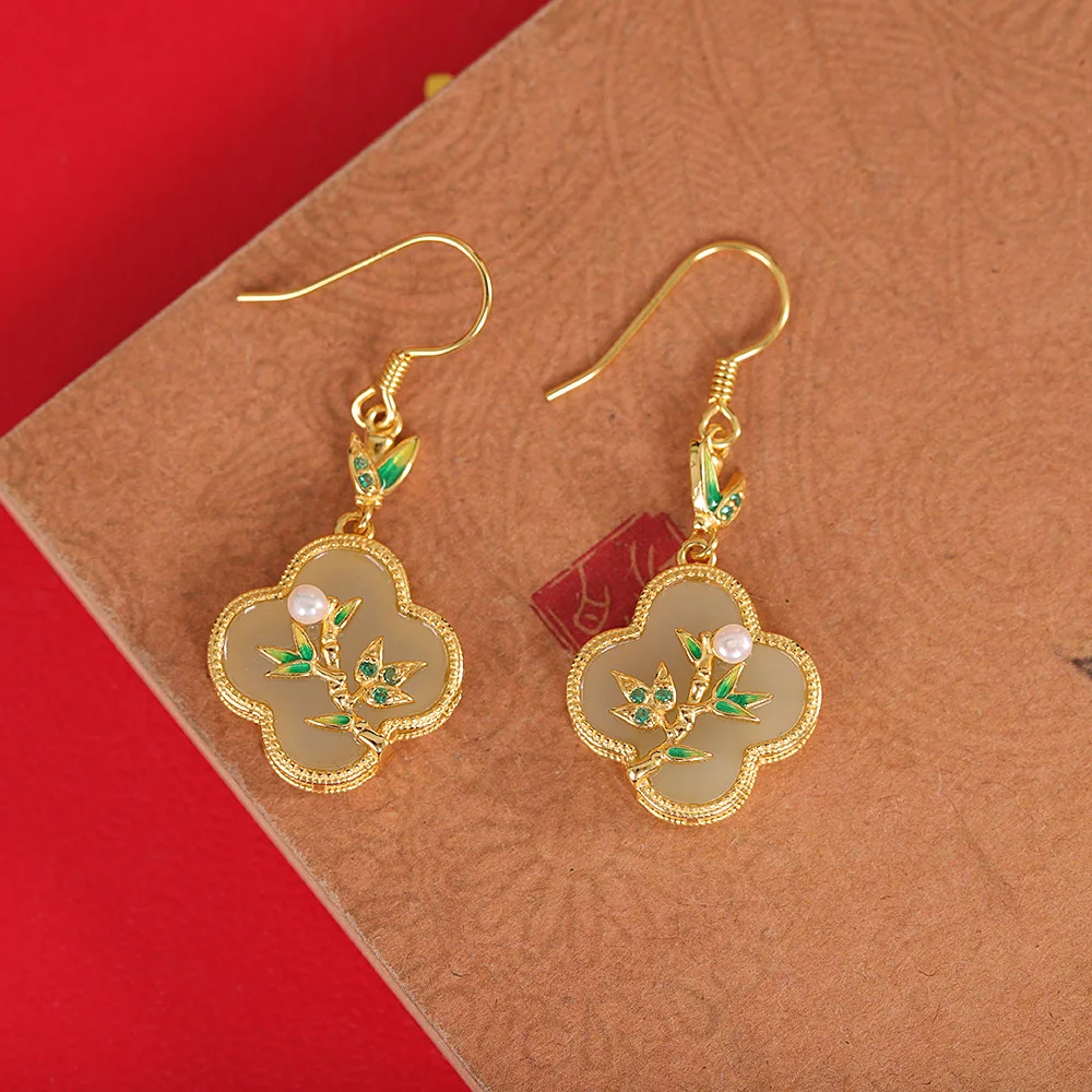 BOCAI S925 Silver Jewelry Fashion And Art Gilded Burnt Blue Bamboo Leaves Hotan Jade Earrings Selected Gifts For Women