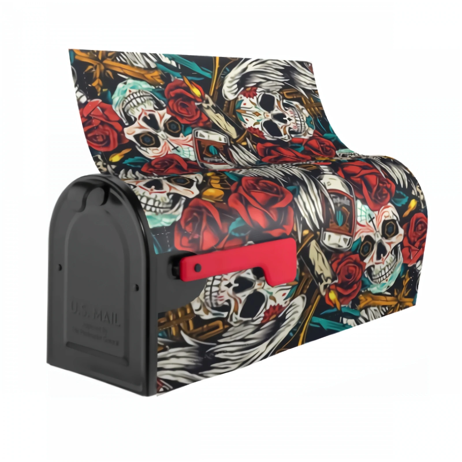 Sugar Skulls Rose Magnetic Mailbox Cover Tequila Bottles Cactuses Waterproof Mailbox Wraps Post Letter Box Decor 21x18 Inch