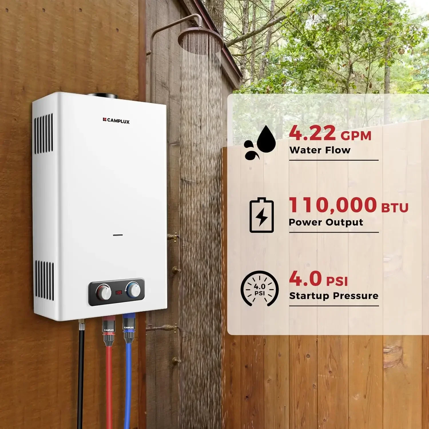 CAMPLUX 4,22 GPM Aquecedor de água sem tanque de propano, aquecedor de água de propano ao ar livre, aquecedor de água de acampamento para fora da rede, cabines