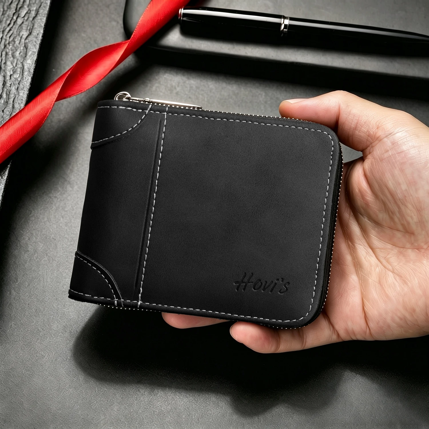 Men's PU Leather Zip Around Bifold Short Wallet, Coin Pocket, 2 ID Windows, Card Slots and Cash Compartments