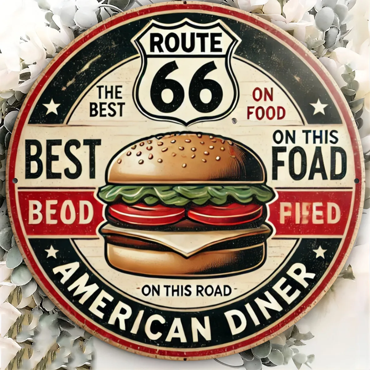 1pc Route 66 Vintage American Diner Metal Sign, 2D Flat Printed Iron Wall Decor, Retro Roadside Food Advertisement Plaque