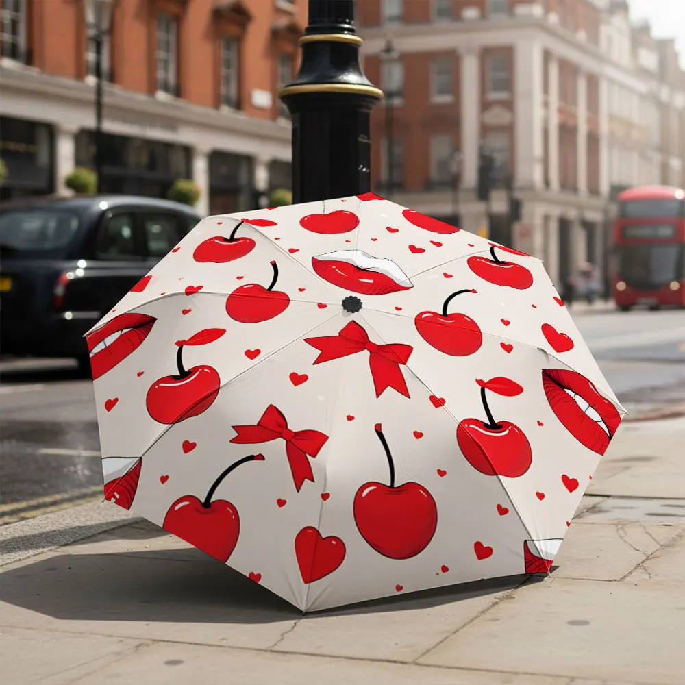 1P C Chic Cherry-Printed Umbrella with Cute Red Accents Print 8 Iron Ribs Folding Umbrella Auto-Open Fashion Sunshade