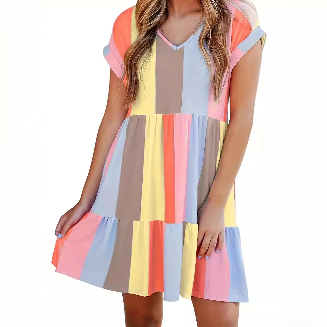 

Women's summer fashion casual multi-color striped contrasting print V-neck short sleeved dress for women casual and comfortable