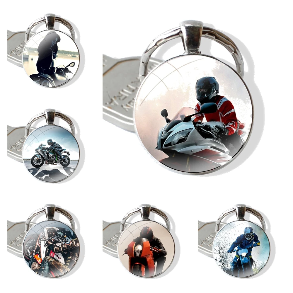 Motocross Dirt Bikes sport Keychain Handmade Glass Cabochon Key Ring Holder Pendant Key Chains