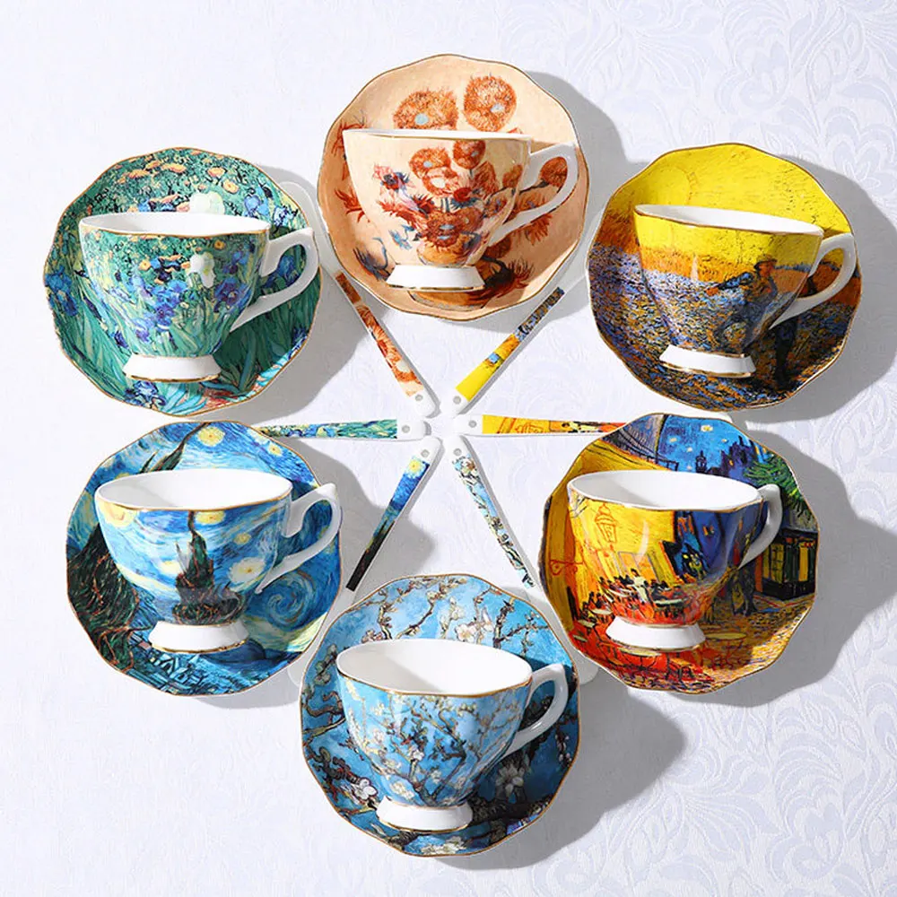 

Van Gogh Art Painting Coffee Cup Set Home Ceramic Afternoon Tea Starry Night Sunflower Seeder Christmas Gift With Spoon