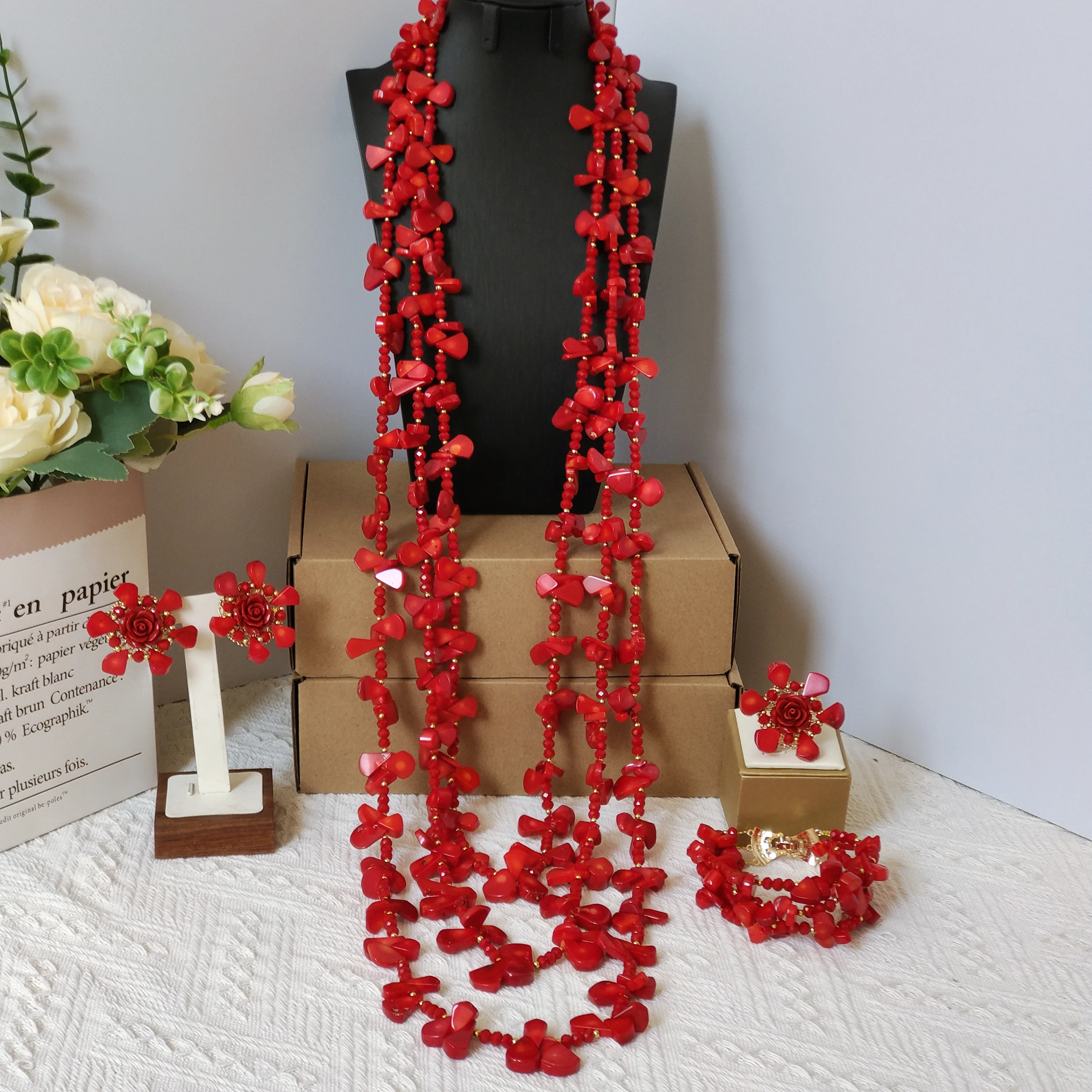 

40inches Necklace Bracelet Earrings Ring 4pcs Nigerian Wedding Coral Beads Real Bridal Jewelry Sets