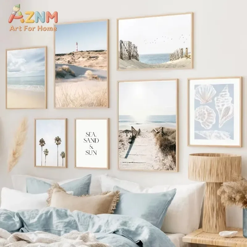 Coastal Beach Lighthouse Canvas Wall Art Neutral Seashell Palm Tree Sea Sand Sun Quote Print Unframed Canvas Poster for Bedroom