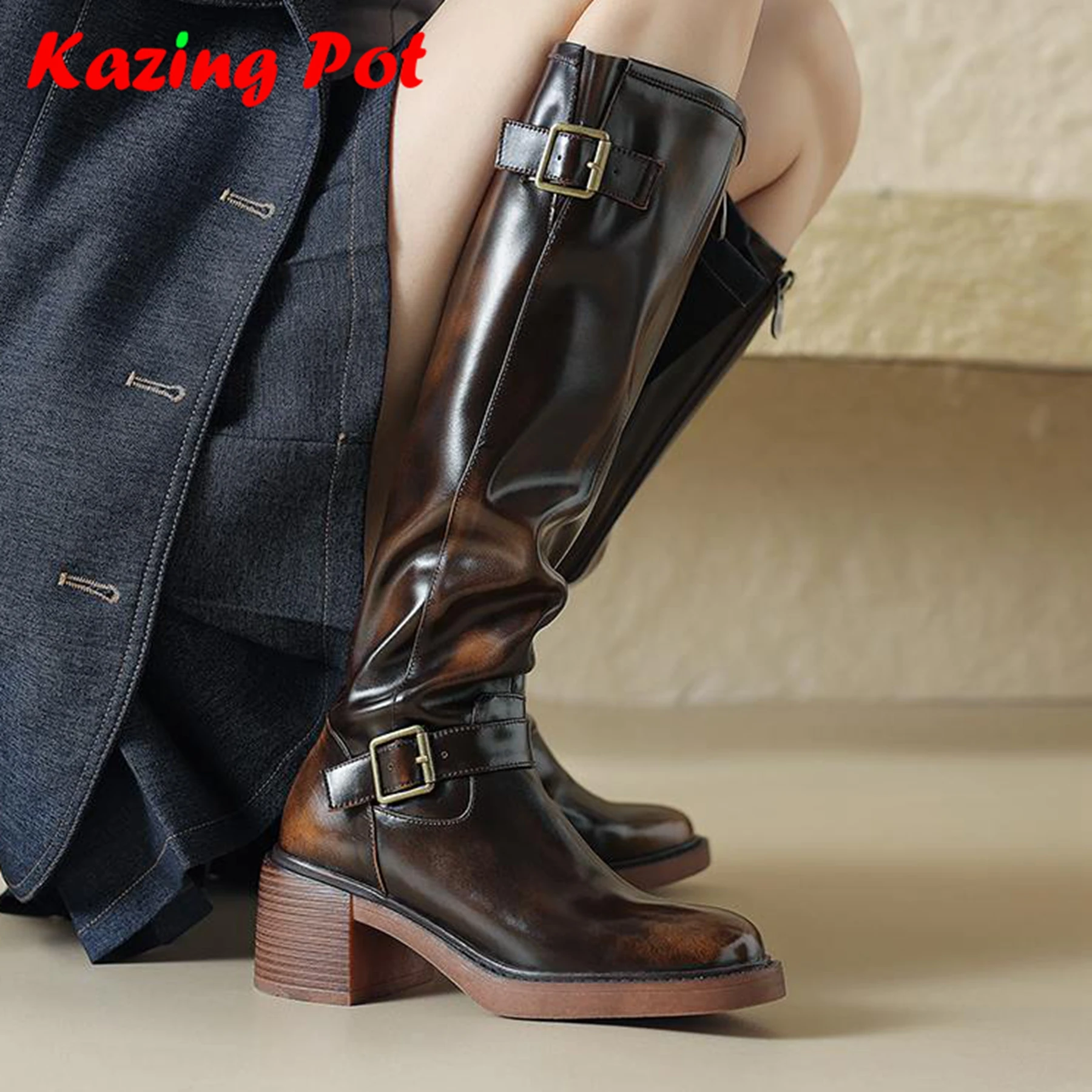 

Krazing Pot Cow Skin Round Toe Thick High Heels Riding Boots British School Zip French Romantic Gradient Color Thigh High Boots