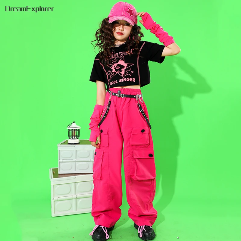 Girls Hip Hop Crop Top Lovely Cargo Pants Child Solid Shorts Streetwear Clothes Sets Kids Plaid Skirt Street Dance Jazz Costumes