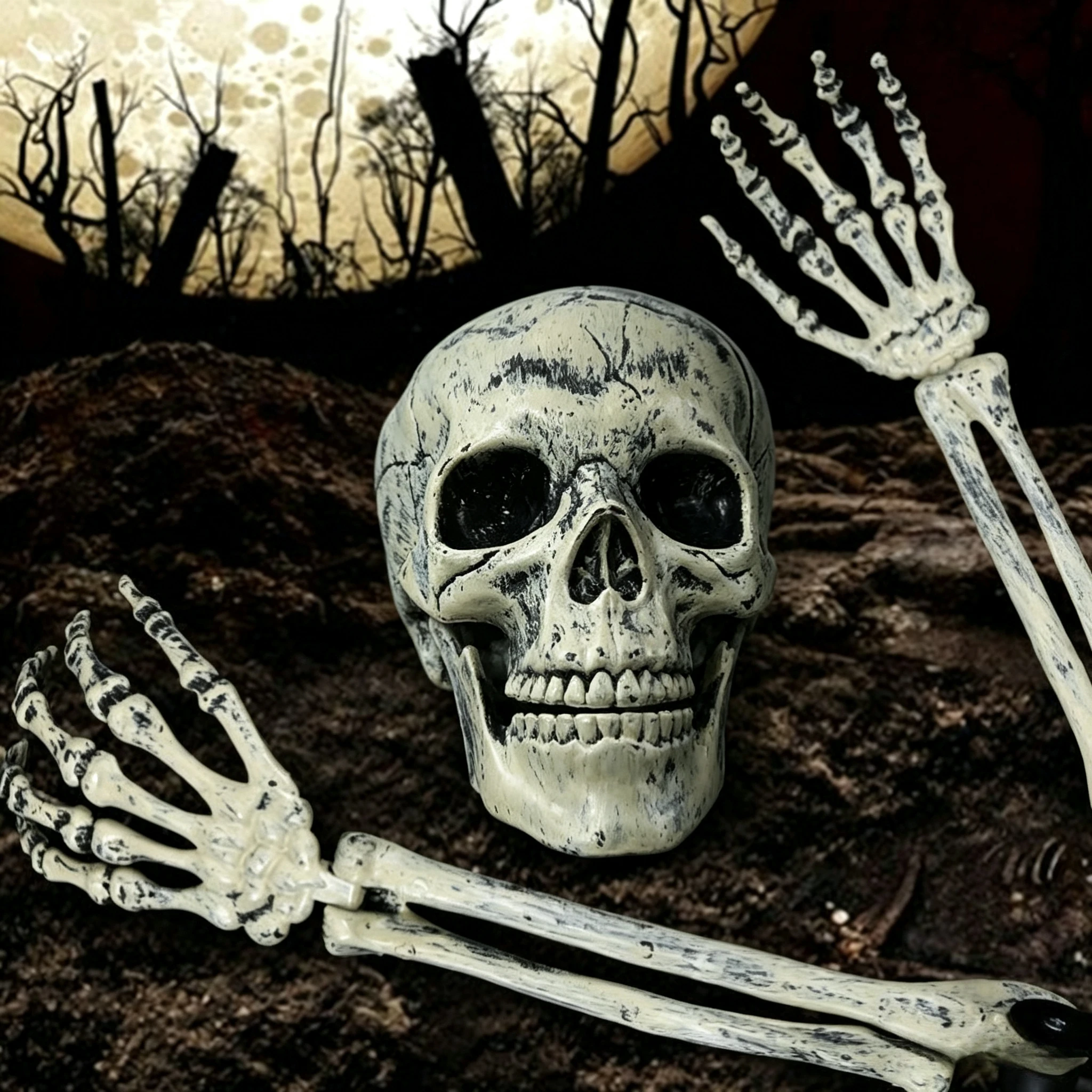 Halloween Skeleton Bone Garden Ground Stakes Skull Head & Hand for Holiday Party Decor Home Yard Ground Insert Ghost Hand
