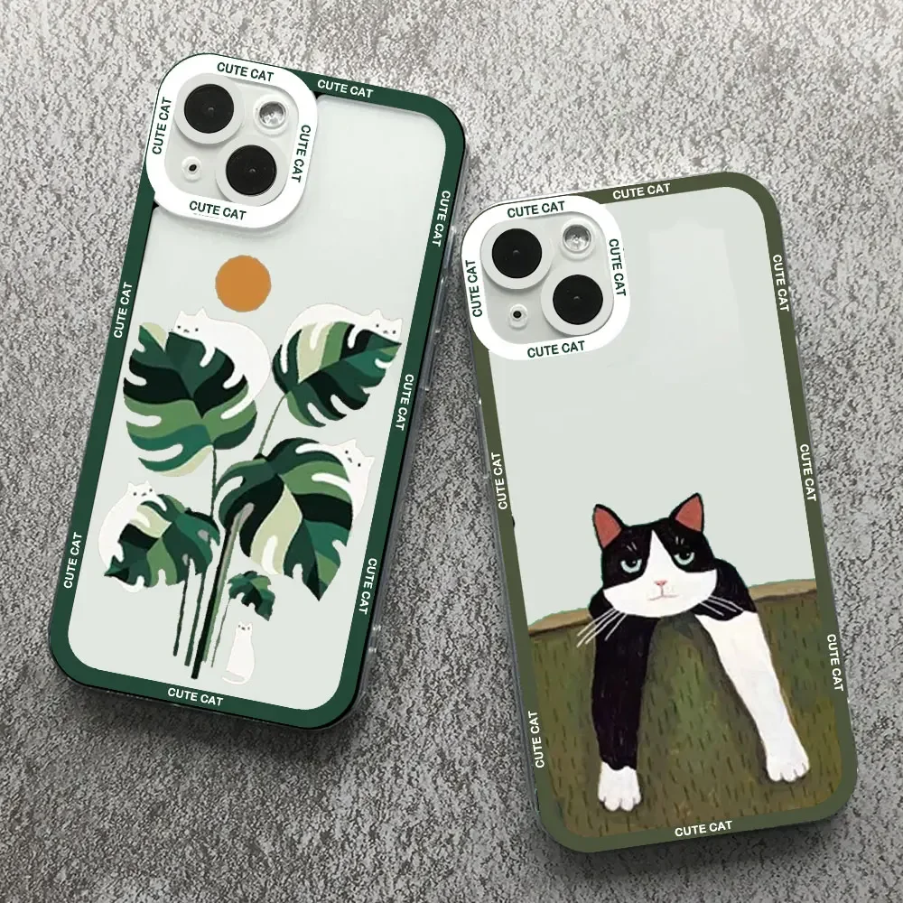 Retro Banana Leaves Animal Cat Phone Case for Iphone 15 11 12 13 14 Pro Max Mini X XS MAX XR 7 8Plus SE2 Transparent Cover Coque