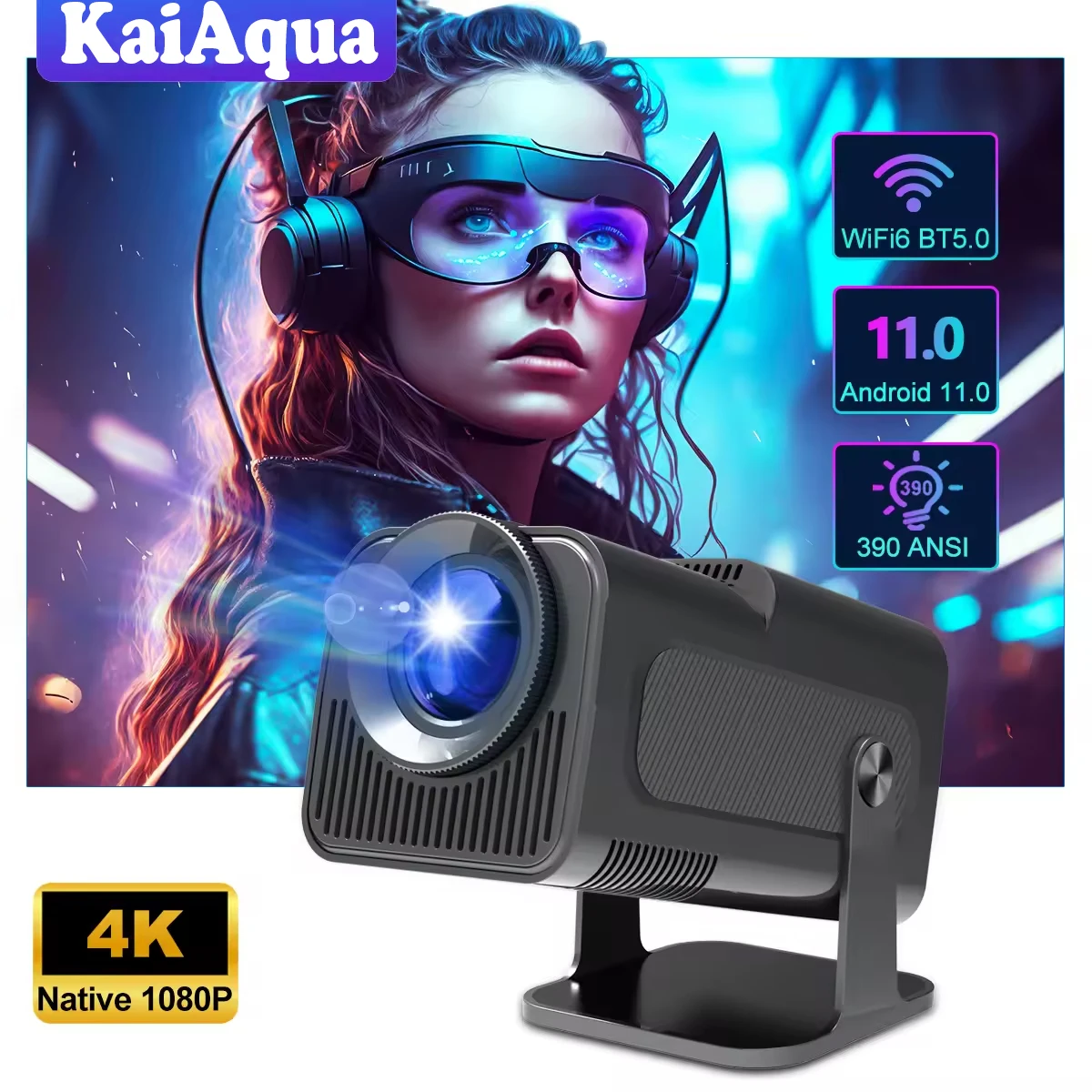 جهاز عرض محمول HY320 أندرويد 11 واي فاي 6 BT 5.0 390ANSI Allwinner H713 أصلي 1080P 4K يدعم جهاز عرض منزلي خارجي