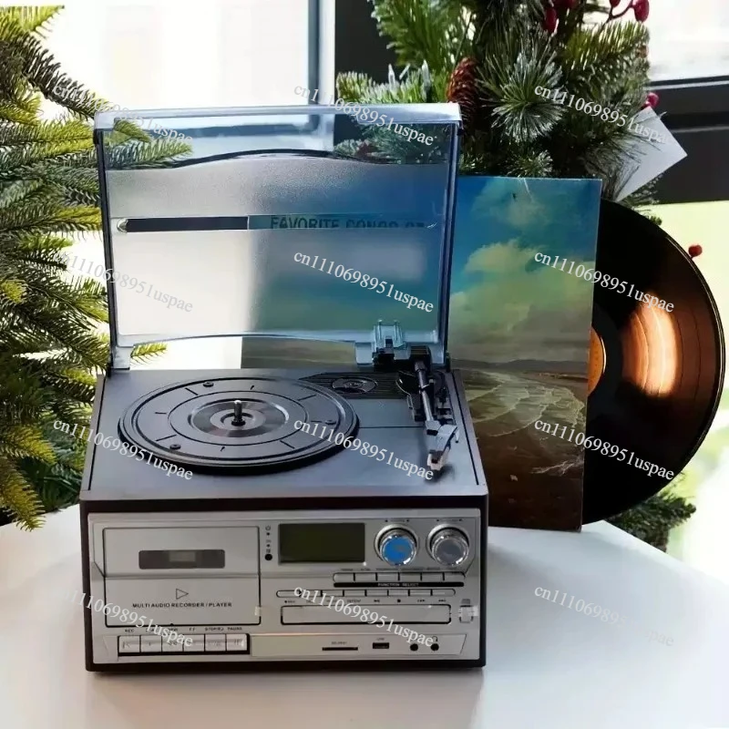 For Retro Vinyl Record Player with Bluetooth Speaker, Cassette, USB Flash Drive and Radio, Multi-functional CD Player