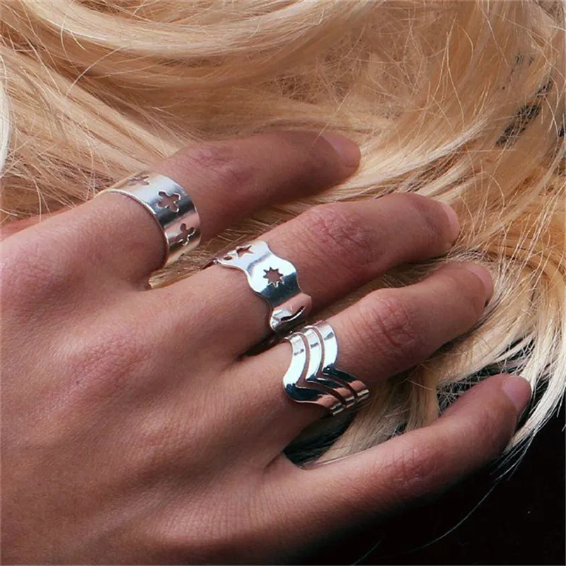 Hot Arrival 3Pcs Ring Set Fashion Silver Plated Wavy Star Geometric Ring Knuckle Open Adjustable Ring For Women Men Punk Jewelry