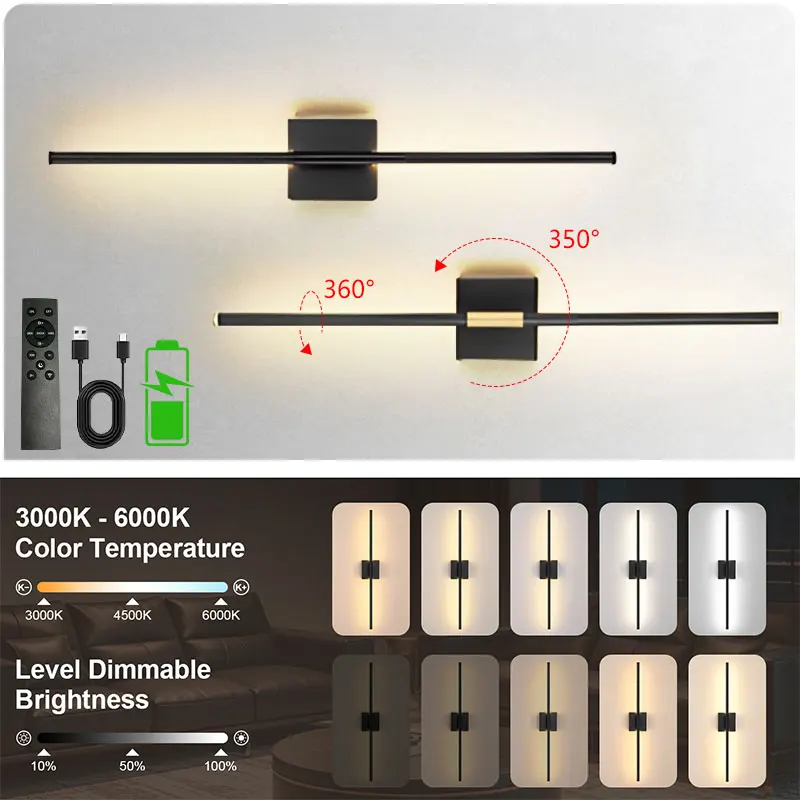 350 ° تدوير اللاسلكية اللمس عكس الضوء وحدة إضاءة LED جداريّة مصابيح مع جهاز التحكم عن بعد 3000-6000K USB بطارية قابلة للشحن أضواء الجدار الشمعدان #1