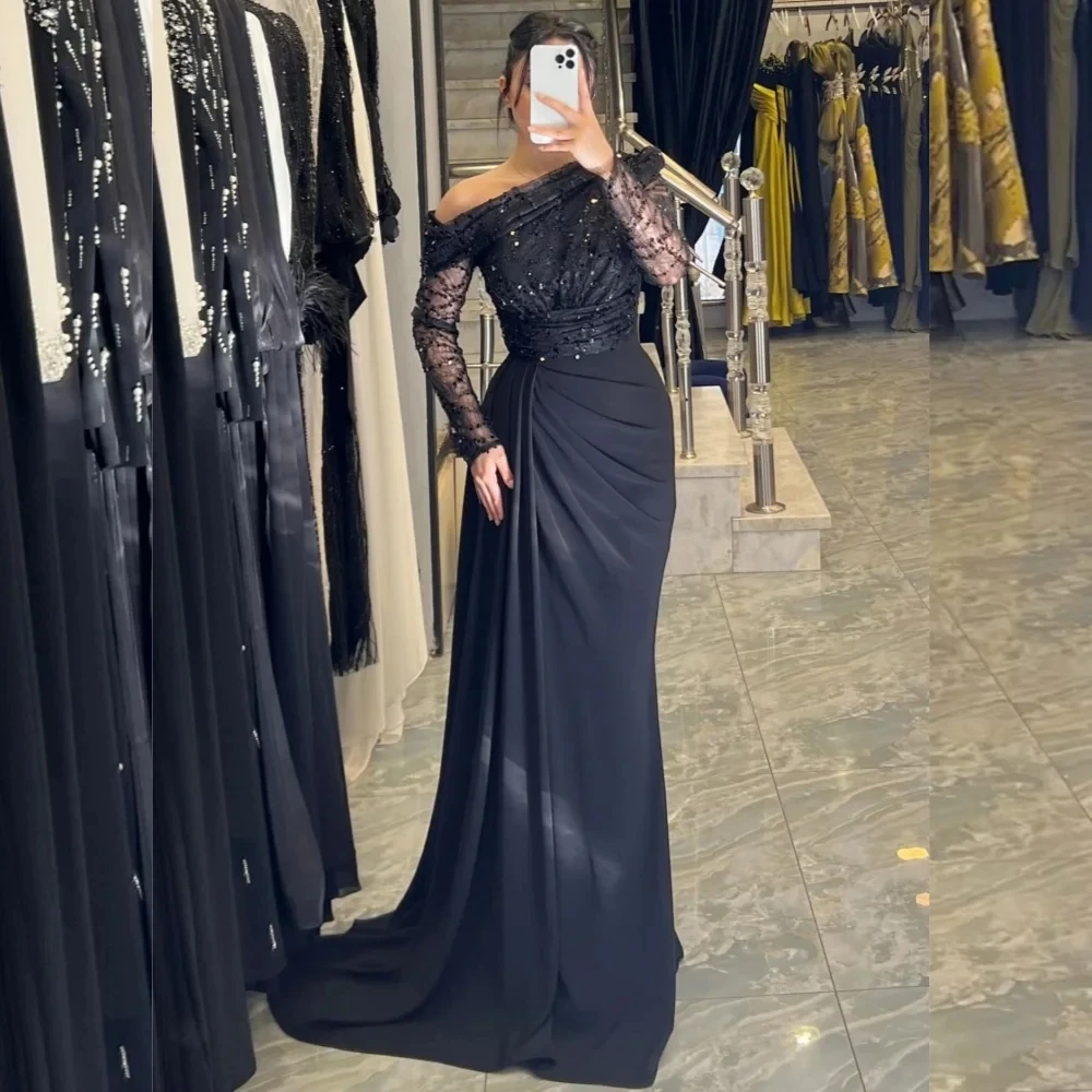 

Black Formal Long Sleeves Bespoke Occasion Gown Evening Dresses Pastrol Unisex Jersey Retro Dubai Saudi Arabic Prom Customized
