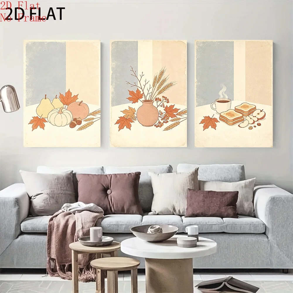 2D Flat, 3pcs Boho Neutral Fall Harvest Wall Art Prints - Frameless Canvas Posters Suitable for Living Room & Bedroom Decor,