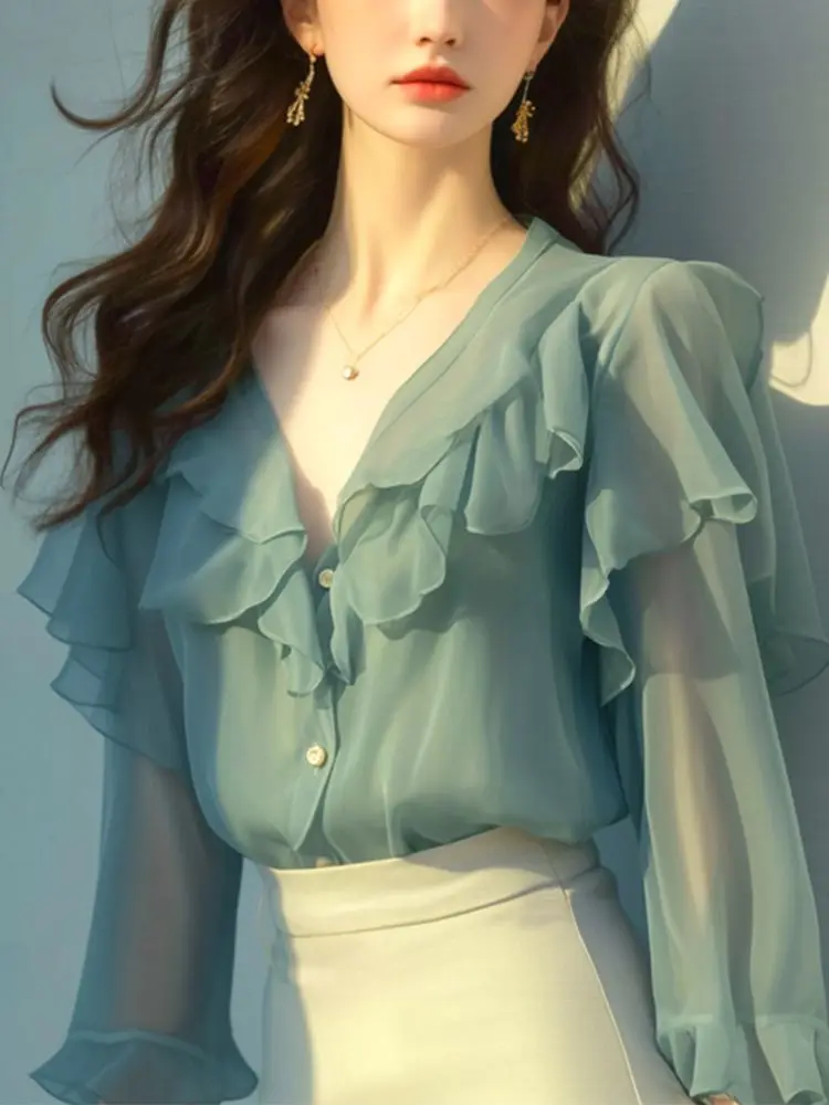 

French Green V-neck Ruffled Chiffon Shirt Spring and Summer Chic Top