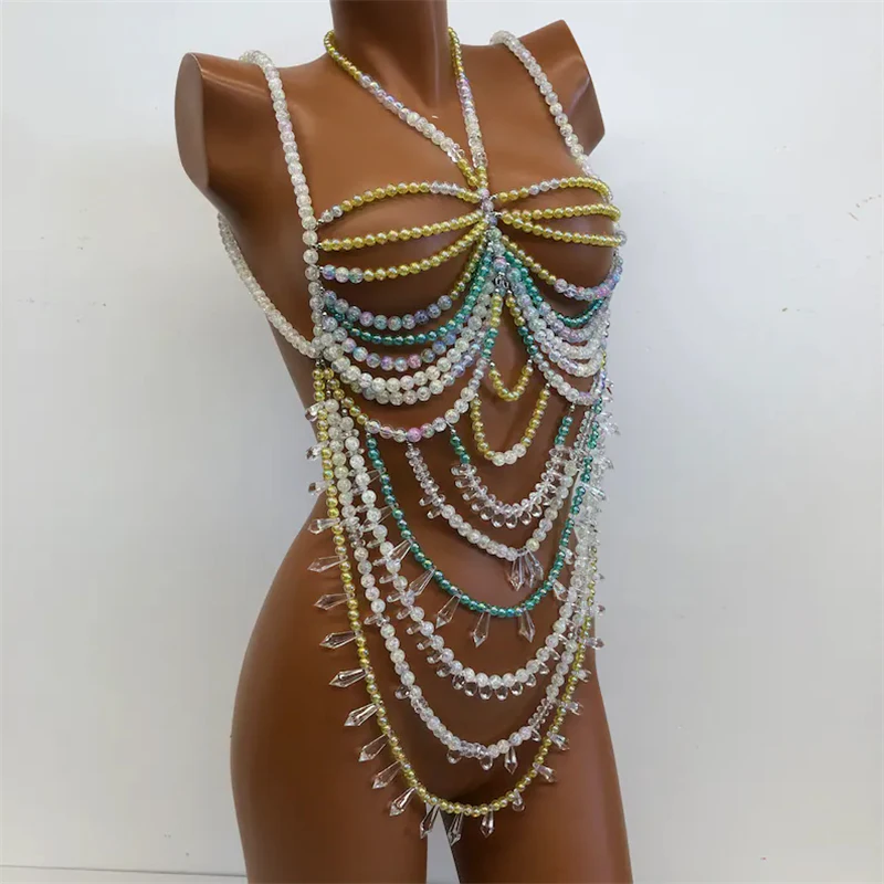 Damen-Oberteile Perlenbesetztes Bralette Festival-Weste Club-Bikini-BH-Top Perlen-Bustier Strandkleidung Lingerie Damen-Rave-Kleidung Tanktops – Detail 4