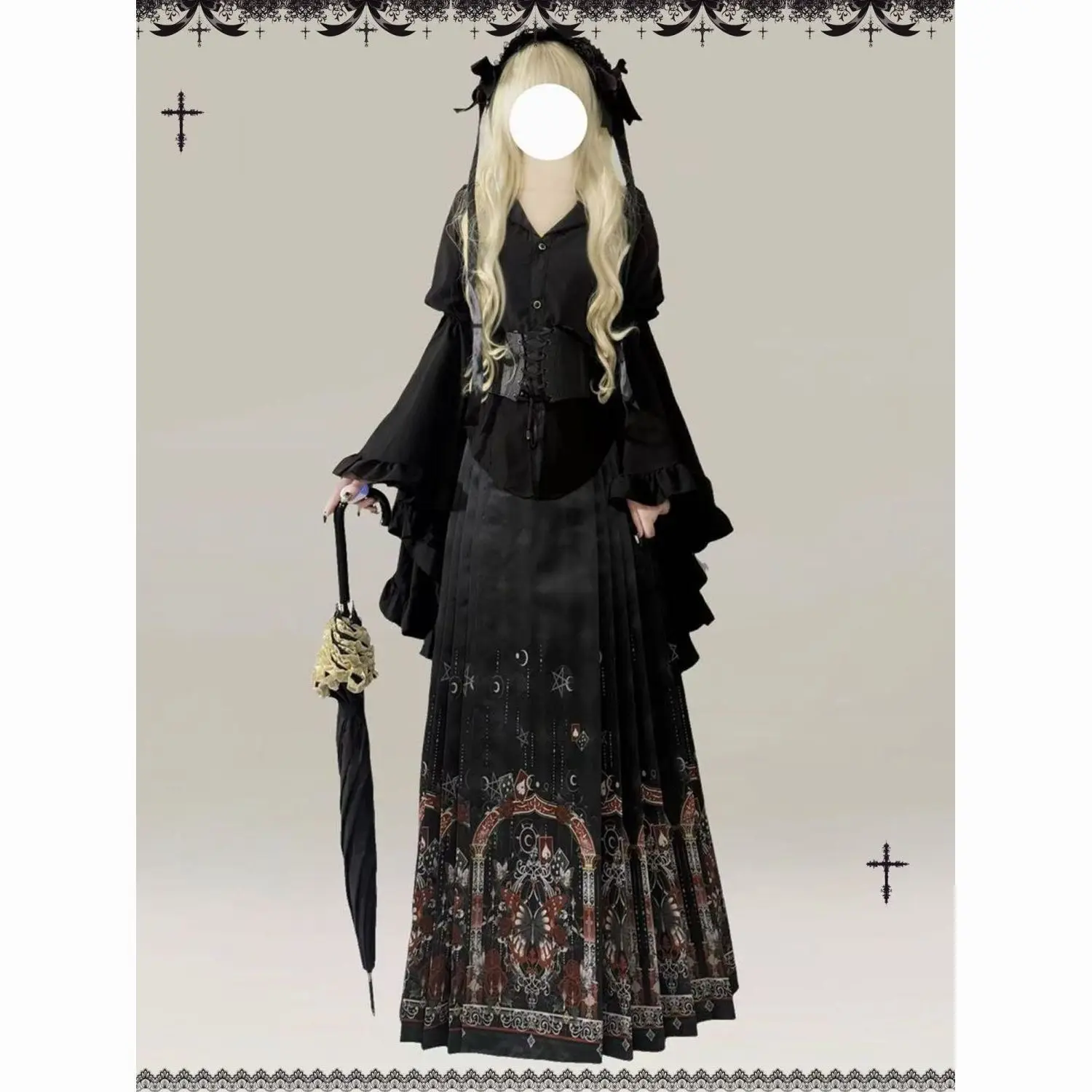 MAGOGO Gothic Lolita Hanfu Original Set Flared Sleeves V Collar Black Top Chinese Style Vintage Printed Slim Horse Skirt