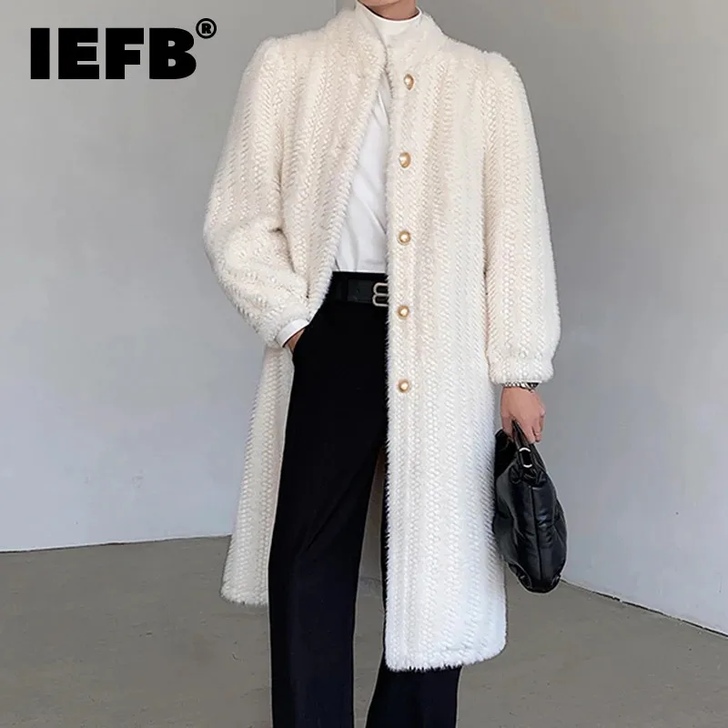 

IEFB Men's Warm Coat Autumn New Fashion Fur Cotton Knee Length Stand Collar Male White Outwear 2023 Men Clothing Simple 9C3599