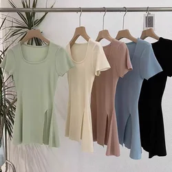 Fashion Square Neck Slit Tops long Tshirt Korean Style Knitted Tops for Women Slim Casual tshirt
