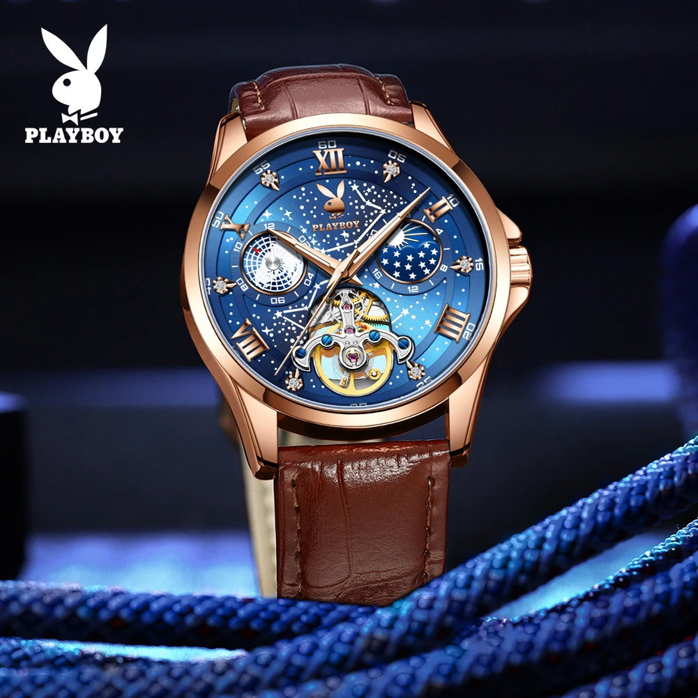PLAYBOY 3049 Original Quartz Movement Men Watches Flywheel Mechanical Watch Moon Phase Waterproof Luminous Watch For Man