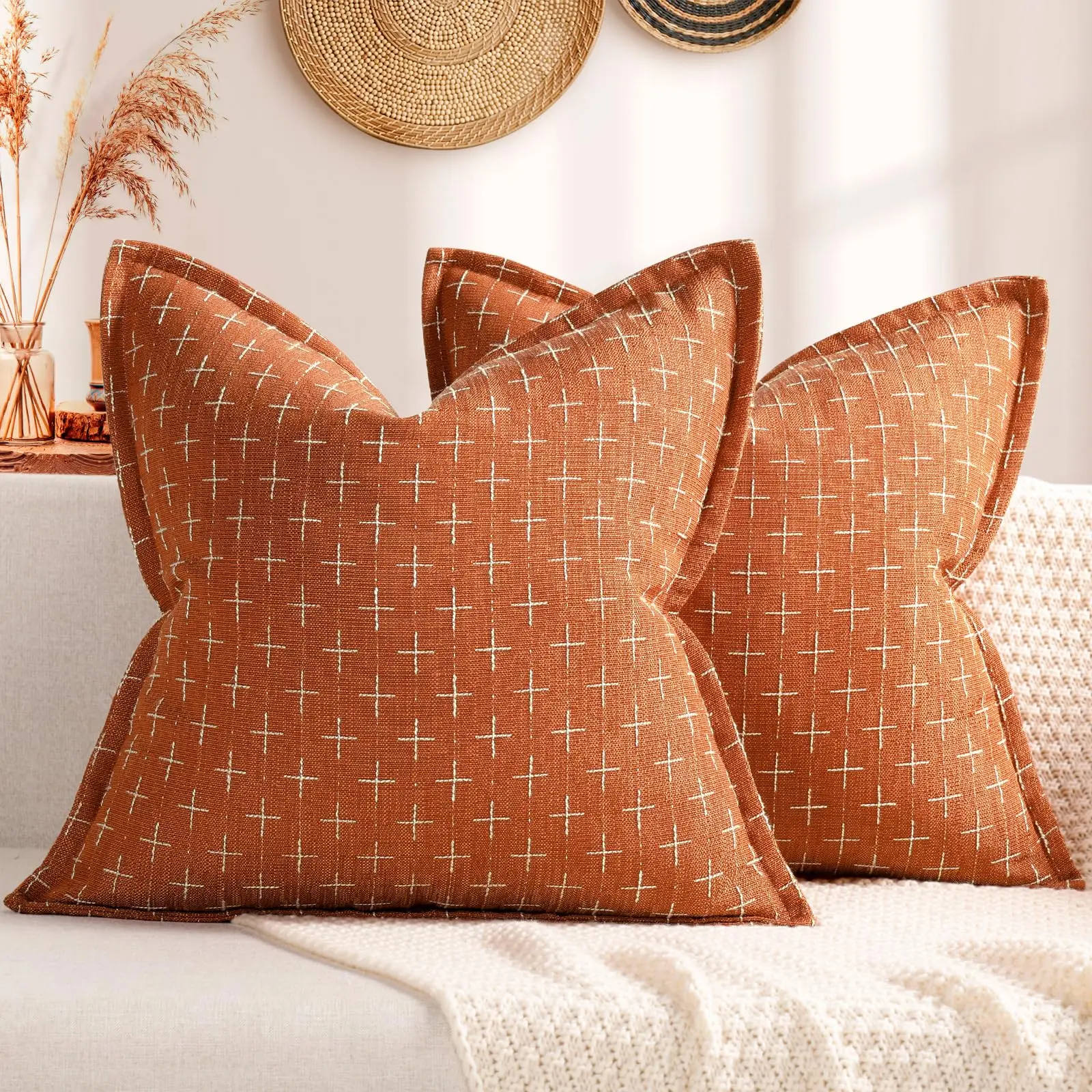 

Fall Pillow Covers Set of 2 Soft Polyester Textured Pillow Covers with Stylish Flange Edge Cozy Farmhouse Throw Pillow for Couch