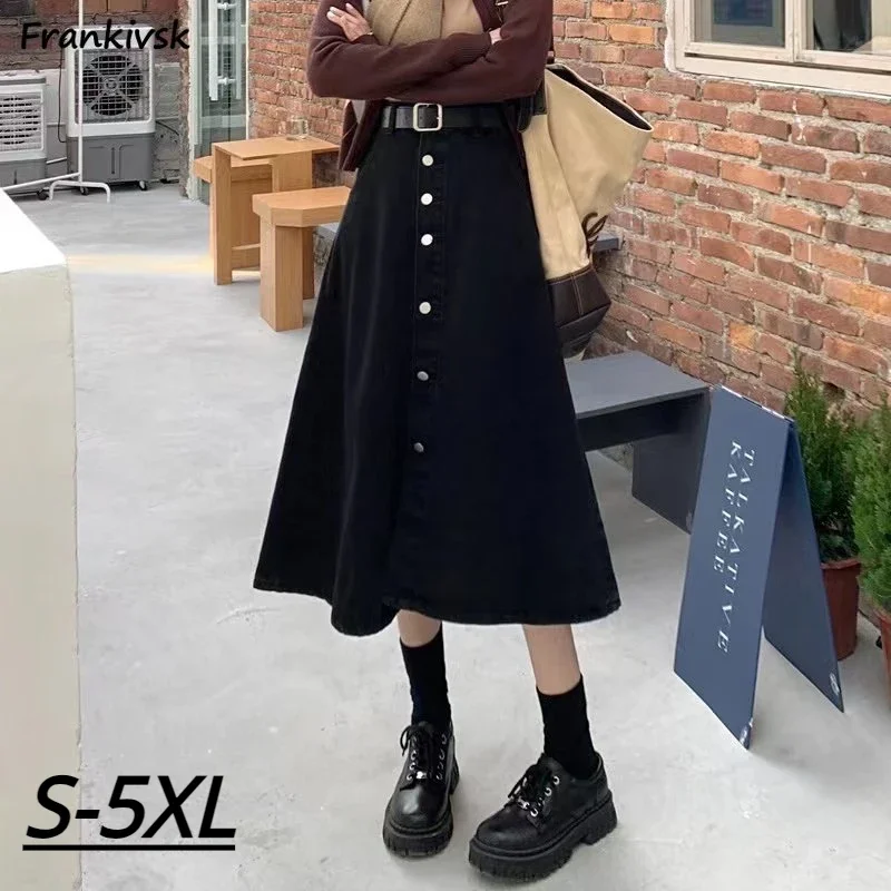 

Long Skirts Women Button Design High Waisted Chic Retro Autumn Winter Fashion Ulzzang Schoolgirls Denim Clothing A-line Faldas