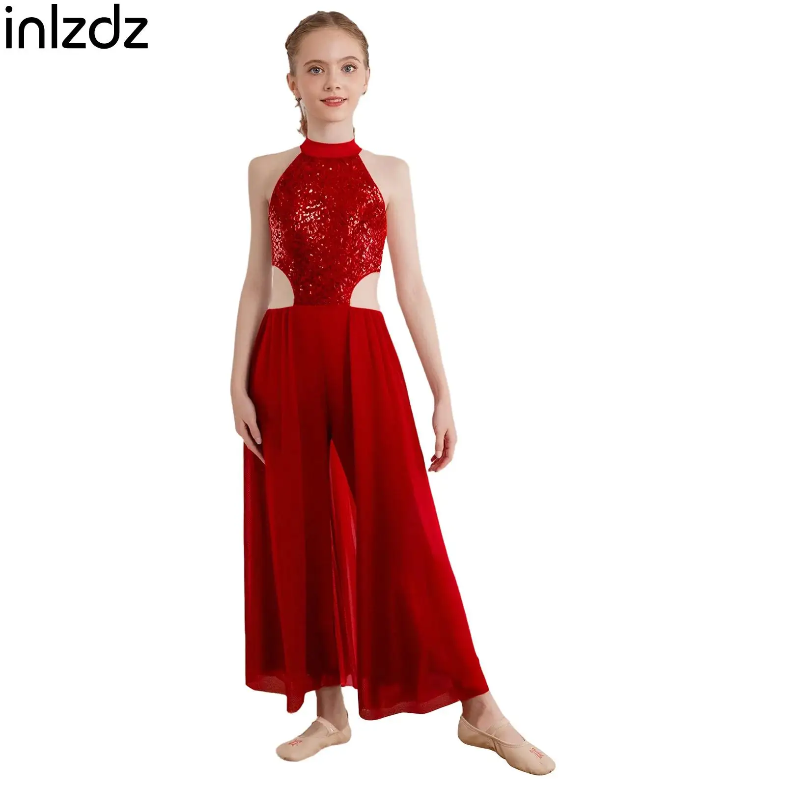 

Kids Girls Ballet Latin Lyrical Dance Performance Costume Shiny Sequins Halter Sleeveless Skirted Jumpsuit Competition Costume