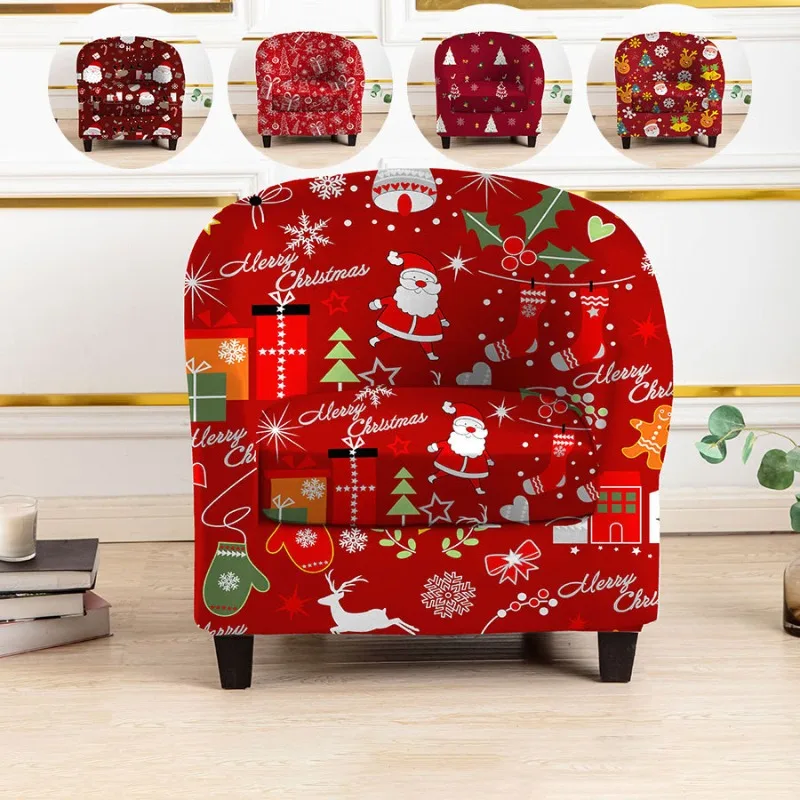 Christmas Printed Single Sofa Covers Elastic Stretch Adjustable Individual Armchair Cover Washable Spandex 1 Seater Sofa Cover