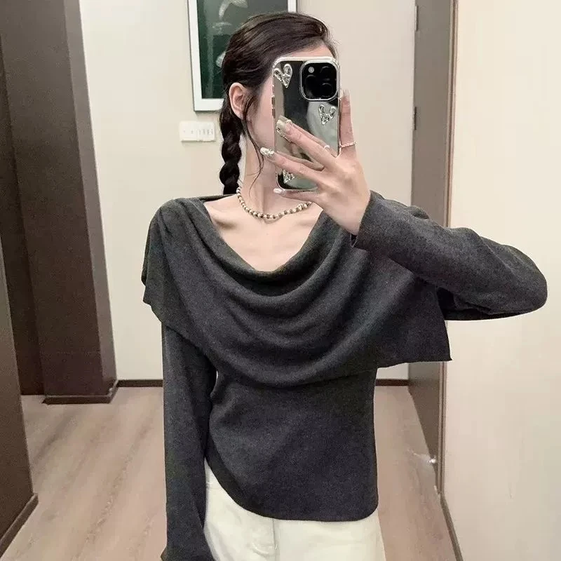 Women Draped Cowl Neck Knit Top Long Sleeve Layered Slim Irregular Shoulder Pullover Knit Blouse Female Fall Winter Casual Tops