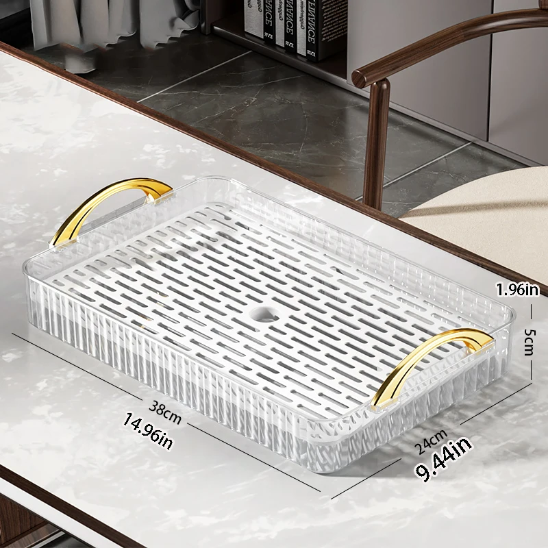 Thickened Shatterproof Plastic Tea Tray, Portable Rectangular Draining Tray for Bathroom, with Handle, Transparent Large-Capacity Storage Rack, Suitable for Storing Jewelry, Bathroom Supplies, Tea Rooms, Coffee Bars, Desktops, and Dining Tables