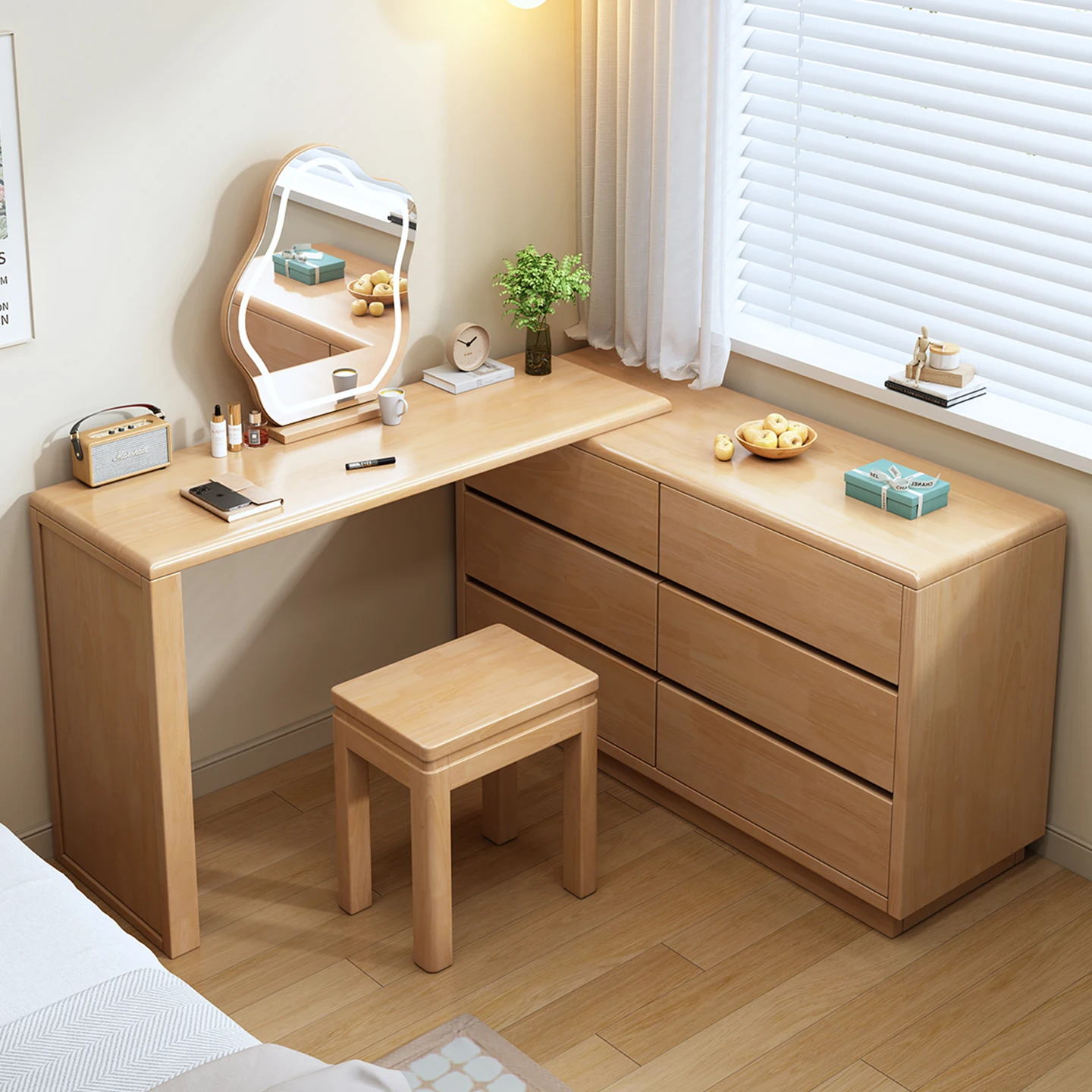 Nordic solid wood makeup table, integrated dresser bucket, with makeup mirror