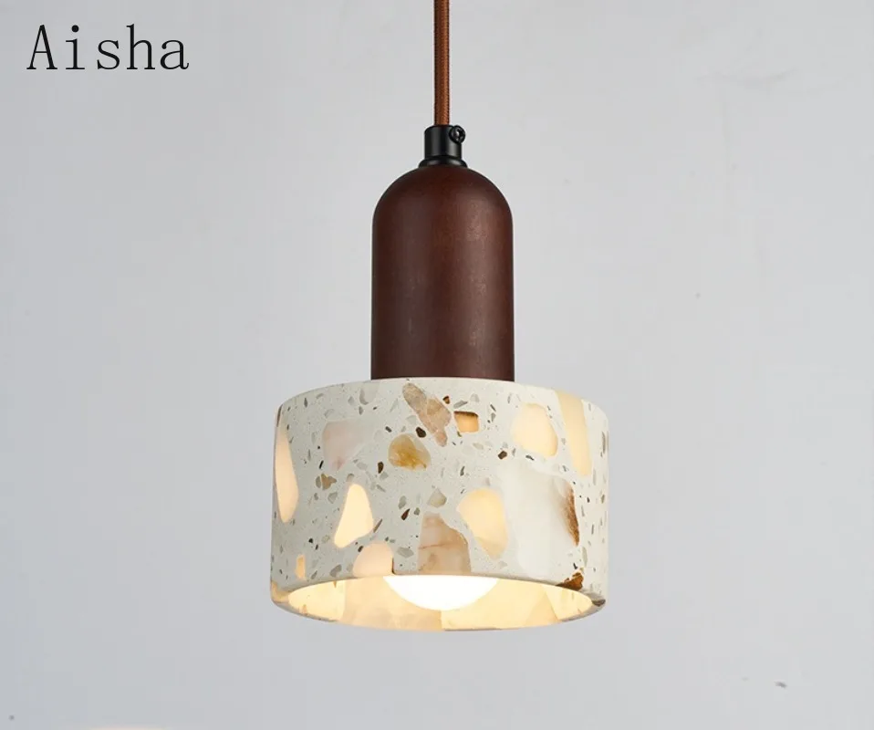 Retro LED Homestay Bedroom Bedside Translucent Marble Chandelier Retro Bar Counter Study Terrazzo Solid Wood Pendant Lamp