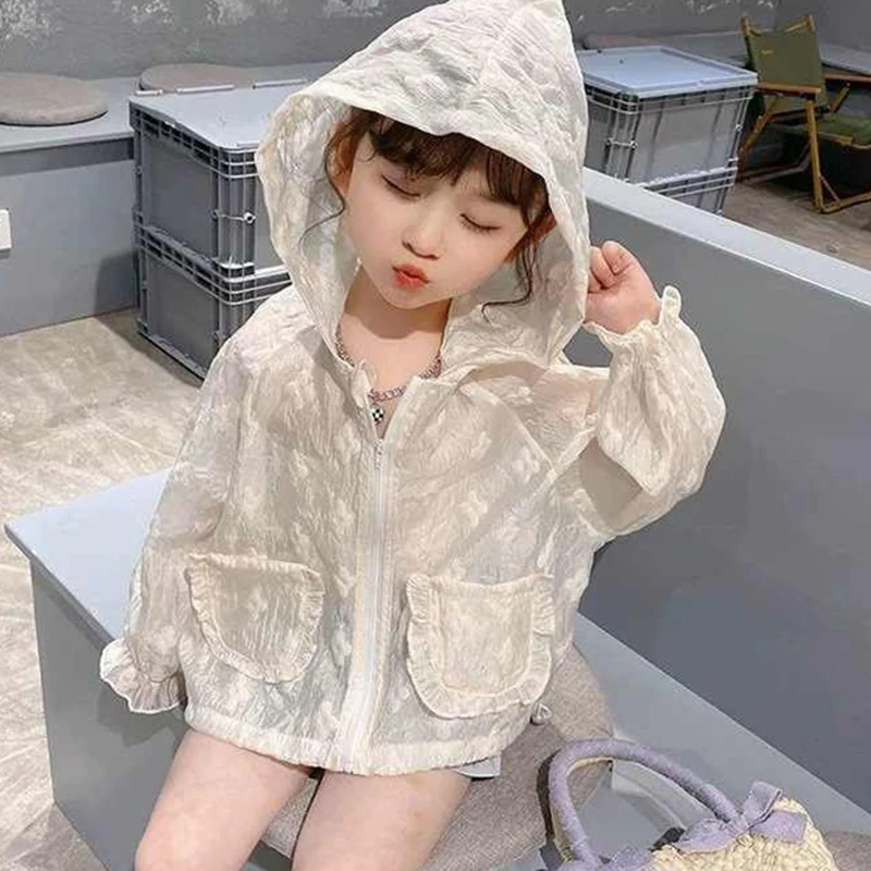 Summer Baby Vacation Beach Jacket Children's Air Conditioning Shirt Girls' Lightweight Breathable Lace Hooded Sunscreen Clothes