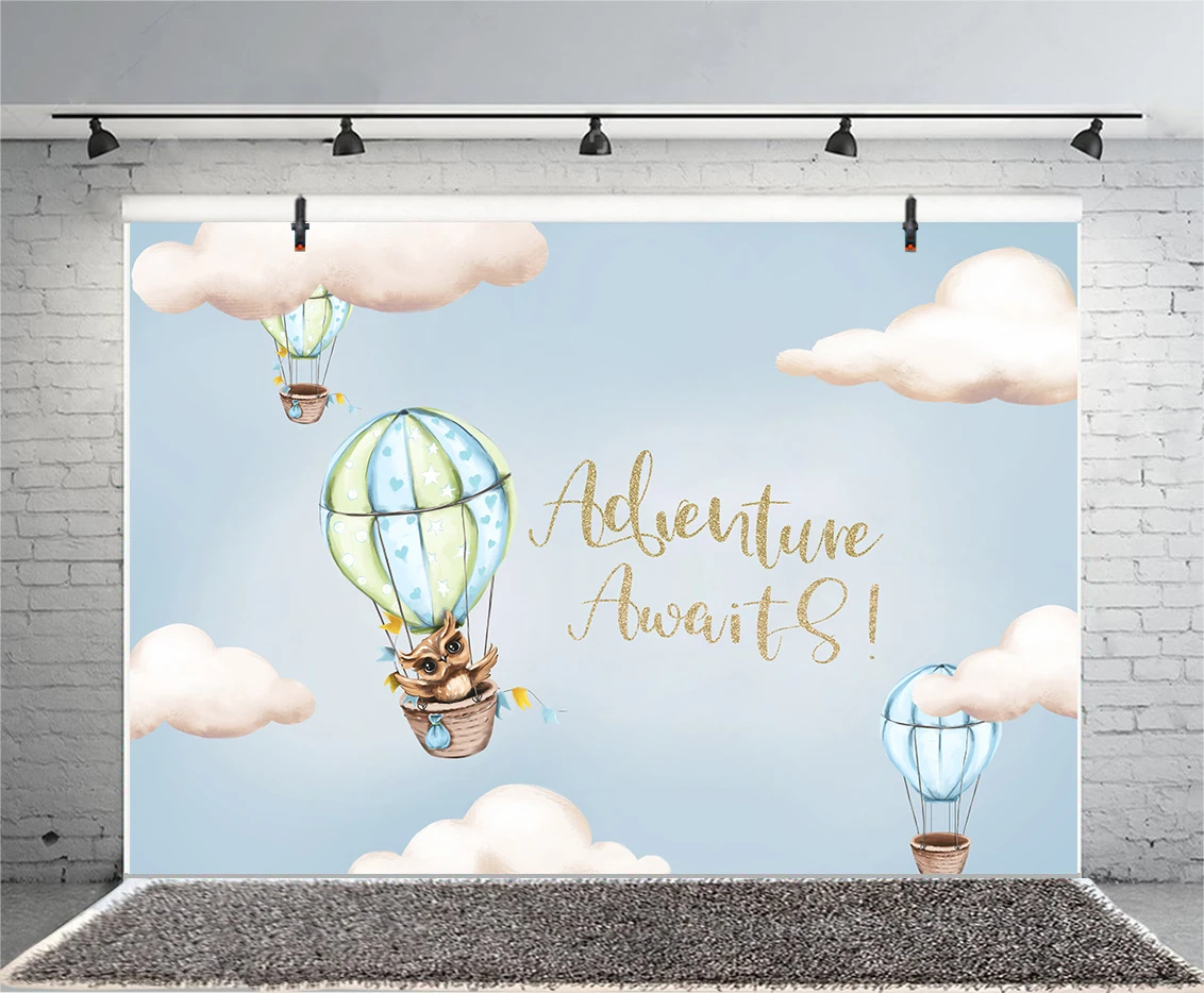 Aventura espera Baby Shower telón de fondo pájaro carpintero globo de aire caliente nubes Fondo fiesta de cumpleaños decoración W-7966