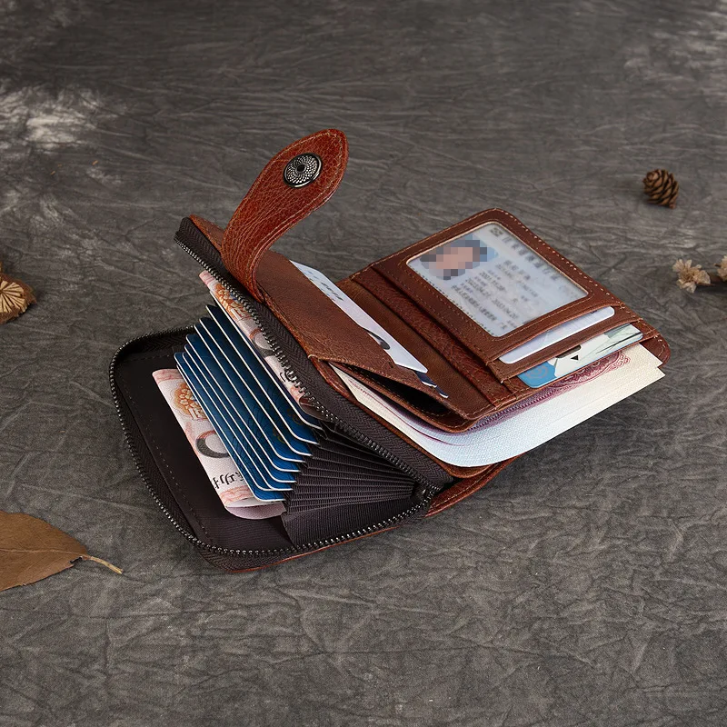 Men's and women's buckle zipper wallet, top layer cowhide small card bag, multi-functional storage, loose change storage