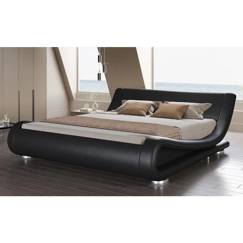 

King Size Upholstered Bed Frame, Deluxe Low Profile Sleigh Bed with Faux Leather Ergonomics Headboard