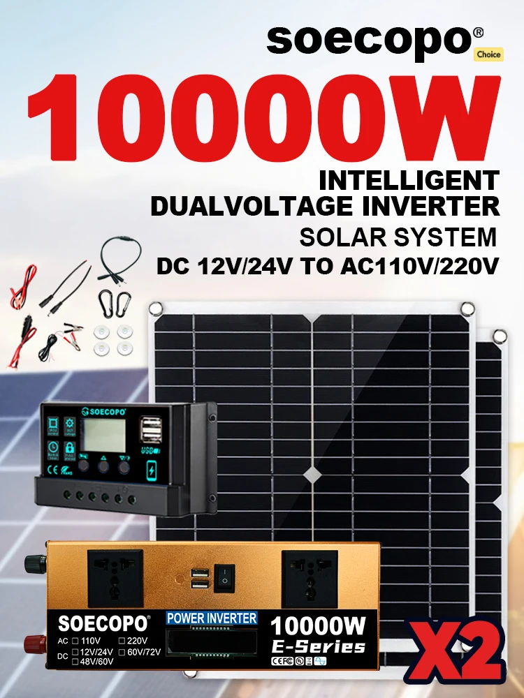 SOECOPO 10000W Peak Solarsystem-Kit 2x300W Solarmodule DC 12V 24V - AC 110V/220V Wechselrichter 100A Laderegler für Zuhause und Camping