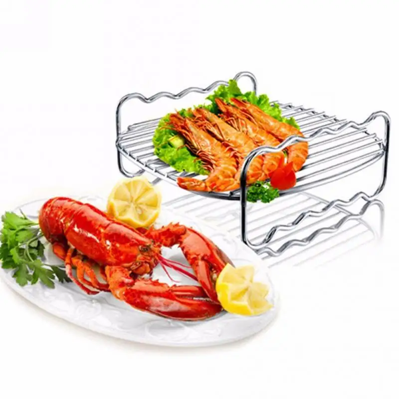 Air Fryer Rack Set Versatile Grilling Rack Double Layer Rack with Skewers Steaming Drain Oil Holder for Kitchen