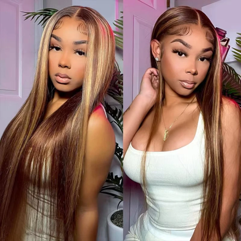 30 Inch Highlight 13x6 Lace Frontal Wig Human Hair 4/27 Colored Straight Lace Front Wigs Human Hair Natural Hairline PrePlucked image 4
