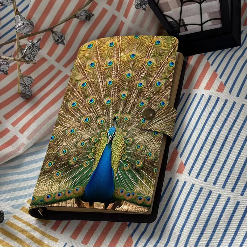 Elegant Peacock Feather Pattern PU Leather Notebook 6 Ring Binder Journal Exotic Bird Art Agenda Diary with Snap Closure Station