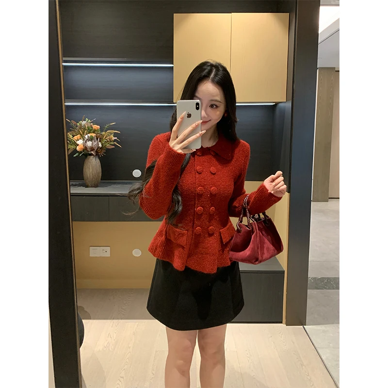 

Новинка! Женский вязаный свитер с воротником-стойкой и двойными пуговицами, облегающий, универсальный, с ажурным дизайном, для повседневной носки.