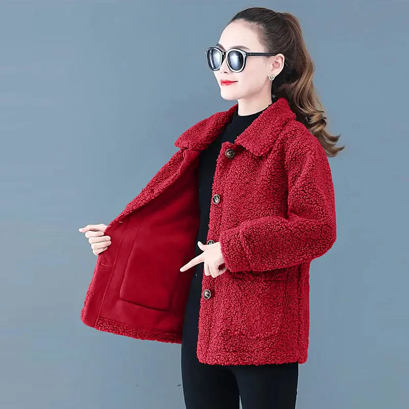 Fashion Faux Fur Cashmere Temperament Button Winter Women's Short Solid Color Loose Slim Lapel Pocket Casual Coat Women's