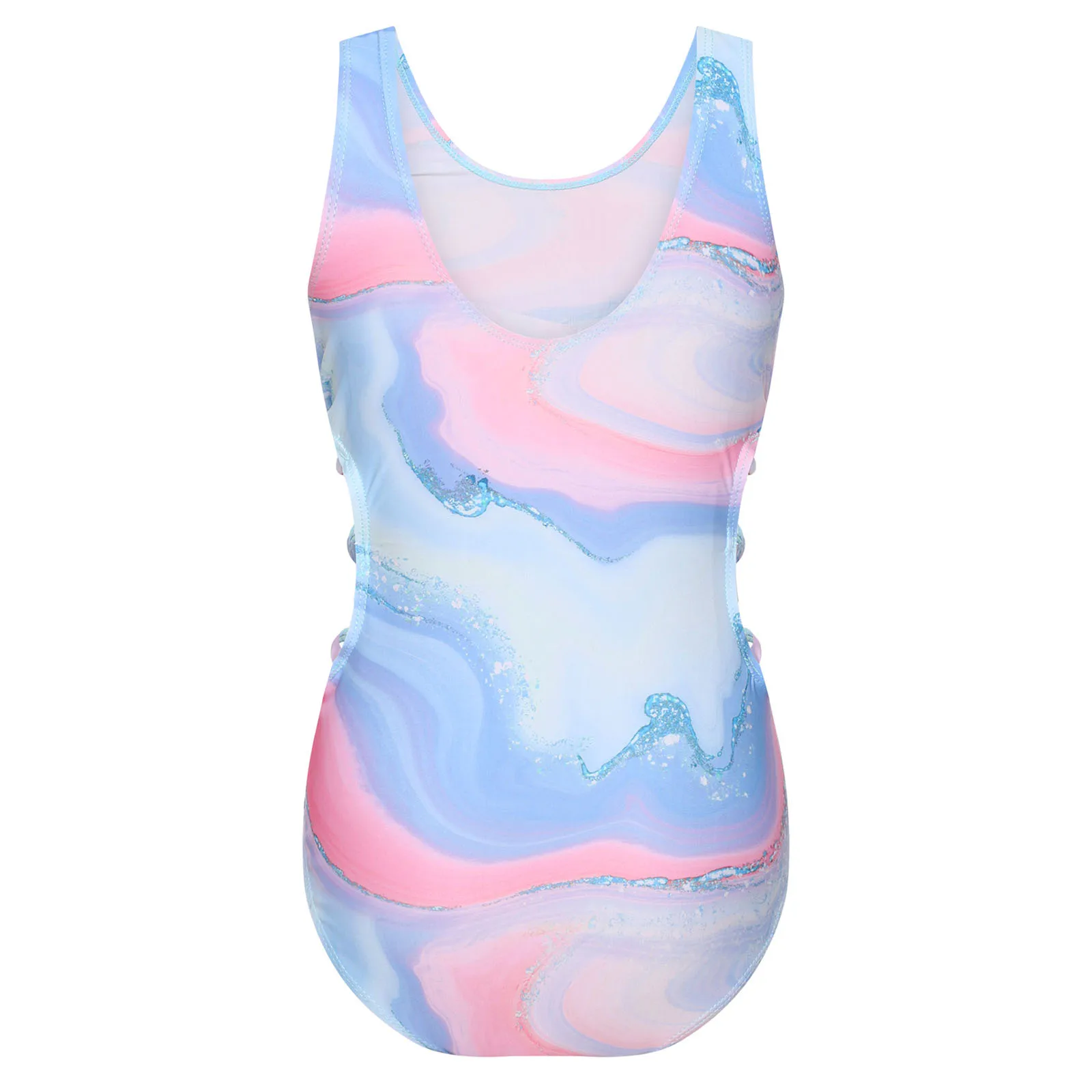 Girls Sweet Swimsuit Sleeveless Hollow Out Leotard Tie Dye Print Swimwear Pools Beach Bathing Suit Summer Water Sports Jumpsuit