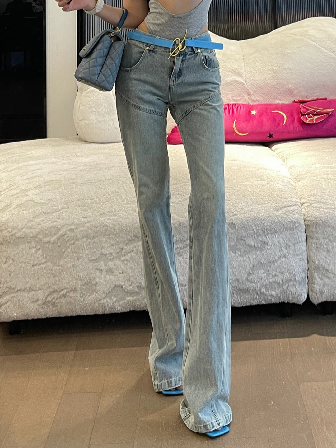 

Джинсы ChiclyNana American Sle Spicy Girl, женские, светло-голубые, облегающие, расклешенные, с высокой талией, длинные брюки