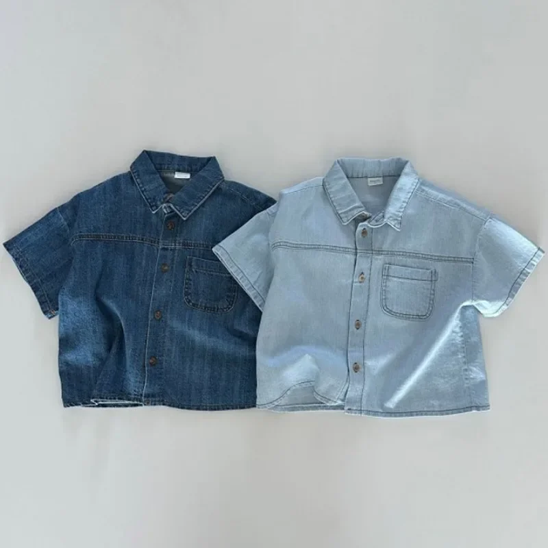 Korean Children Clothing Set 2024 Summer New Boy\'s Denim Suit Short-sleeved Shirt +Shorts Casual Girl\'s Two Piece Suit